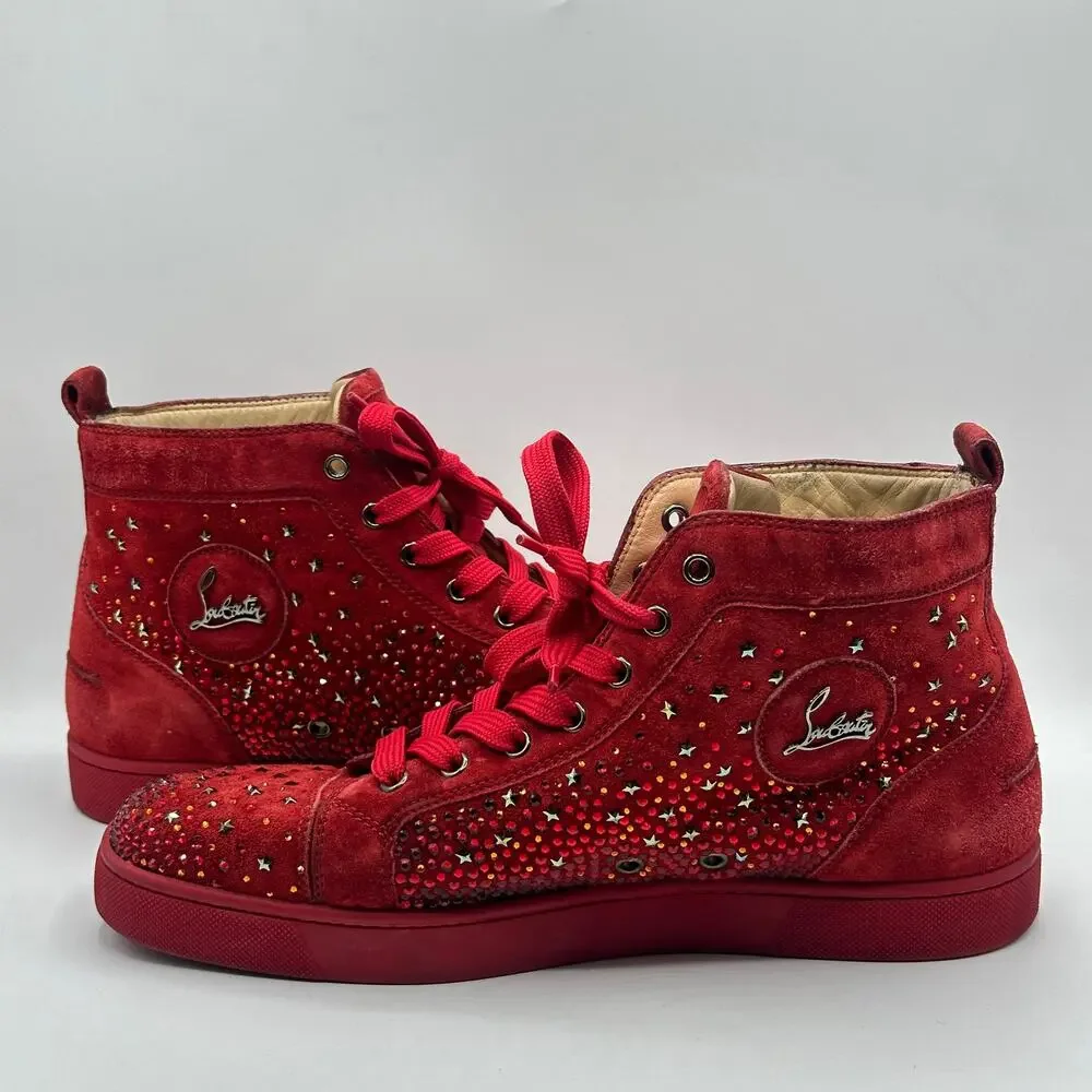 CHRISTIAN LOUBOUTIN Suede Galaxtitude High Top Sneakers Crystal Red Sz 42.5